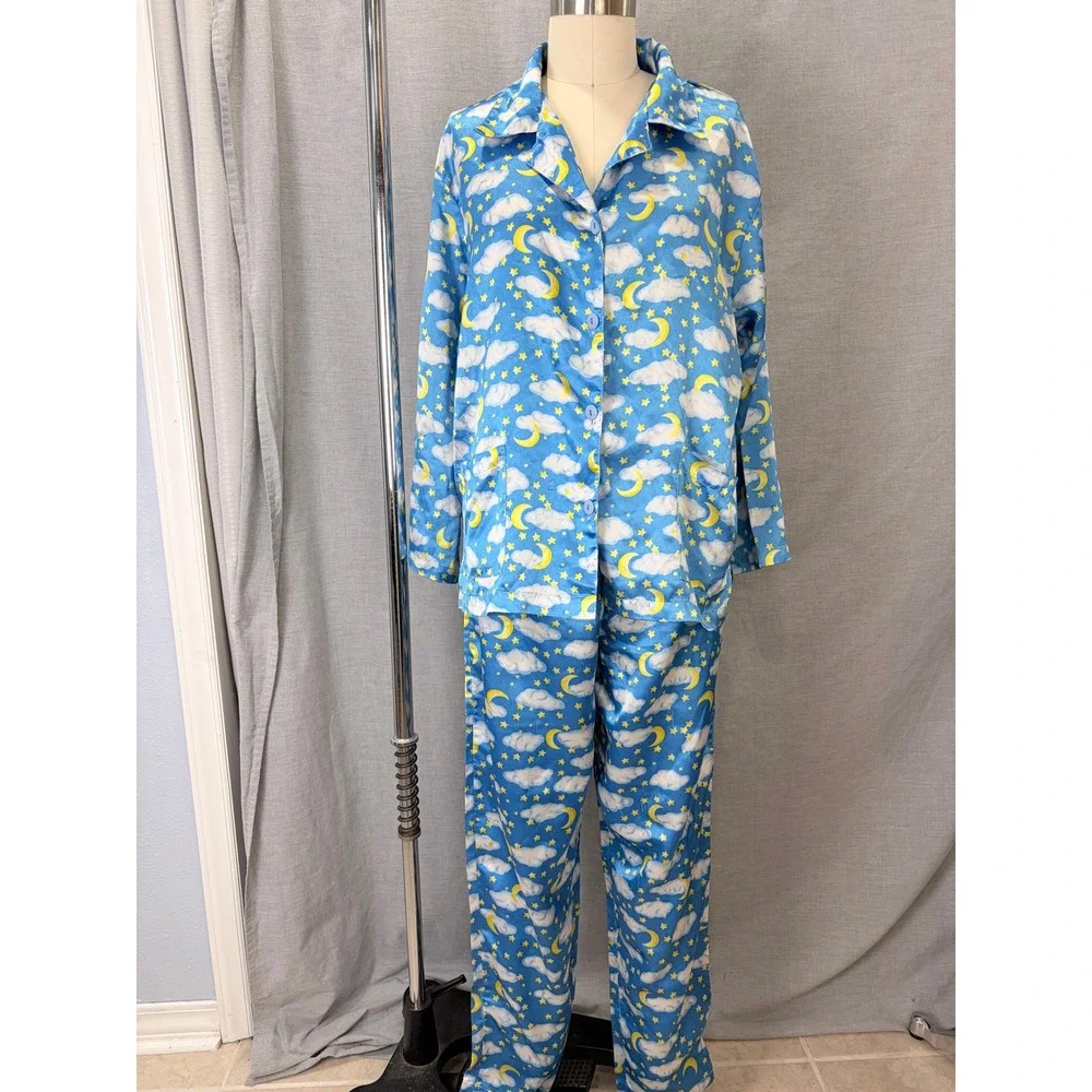 Chandio New York Celestial Blue Satin Pajama Set L Whimsigoth Moon Stars Y2K